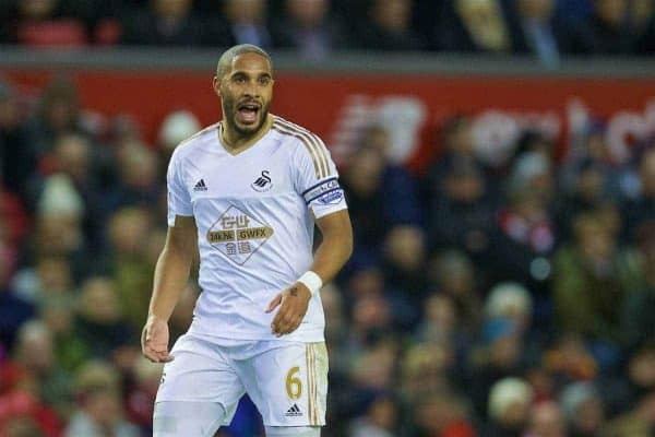 LIVERPOOL, ENGLAND - Sunday, November 29, 2015: Swansea City's captain Ashley Williams in action against Liverpool during the Premier League match at Anfield. (Pic by David Rawcliffe/Propaganda)