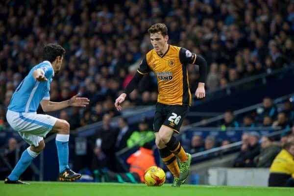 MANCHESTER, ENGLAND - Tuesday, December 1, 2015: Hull City's Andrew Robertson in action against Manchester City during the Football League Cup Quarter-Final match at the City of Manchester Stadium. (Pic by David Rawcliffe/Propaganda)