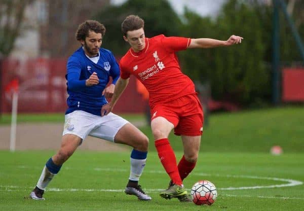 KIRKBY, ENGLAND - Saturday, December 5, 2015: Liverpool's Conor Masterson in action against Everton's Delial Brewster during the FA Premier League Academy match at the Kirkby Academy. (Pic by David Rawcliffe/Propaganda)