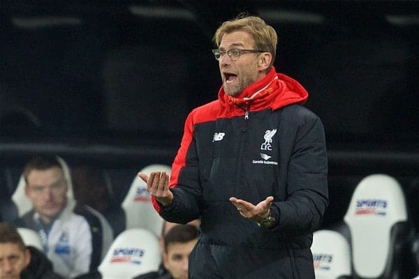 NEWCASTLE-UPON-TYNE, ENGLAND - Sunday, December 6, 2015: Liverpool's manager Jürgen Klopp during the Premier League match against Newcastle United at St. James' Park. (Pic by David Rawcliffe/Propaganda)