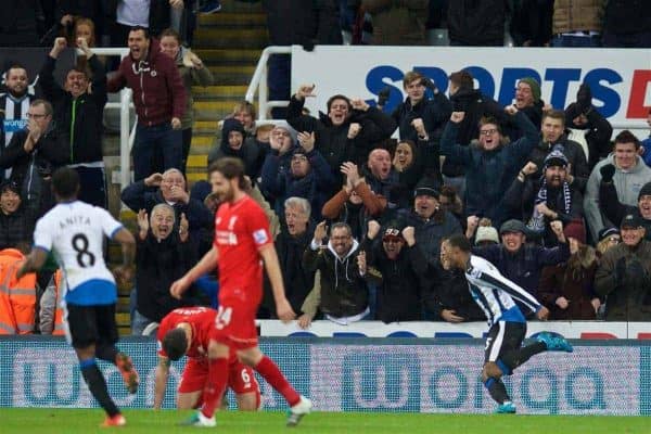 NEWCASTLE-UPON-TYNE, ENGLAND - Sunday, December 6, 2015: Newcastle United's Georginio Wijnaldum celebrates scoring the first goal against Liverpool during the Premier League match at St. James' Park. (Pic by David Rawcliffe/Propaganda)