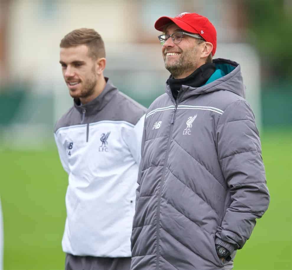 LIVERPOOL, ENGLAND - Wednesday, December 9, 2015: Liverpool's captain Jordan Henderson and manager Jürgen Klopp during a training session at Melwood Training Ground ahead of the UEFA Europa League Group Stage Group B match against FC Sion. (Pic by David Rawcliffe/Propaganda)