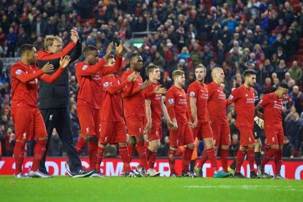 LIVERPOOL, ENGLAND - Sunday, December 13, 2015: Liverpool's manager J¸rgen Klopp and the players salute the supporters after the 2-2 draw against West Bromwich Albion in the Premier League at Anfield. (Pic by James Maloney/Propaganda)