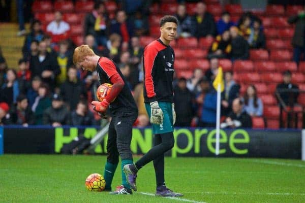 WATFORD, ENGLAND - Sunday, December 20, 2015: Liverpool's goalkeepers Adam Bogdan and Shamal George warm-up before the Premier League match against Watford at Vicarage Road. (Pic by David Rawcliffe/Propaganda)