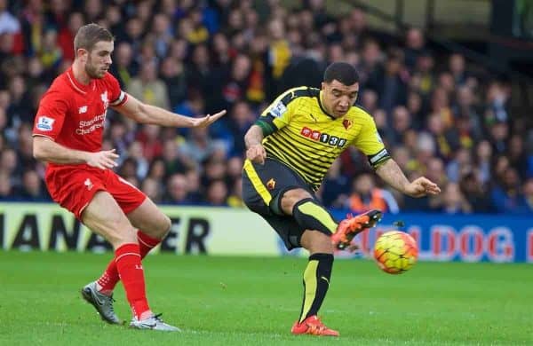 WATFORD, ENGLAND - Sunday, December 20, 2015: Liverpool's captain Jordan Henderson and Watford's captain Troy Deeney during the Premier League match at Vicarage Road. (Pic by David Rawcliffe/Propaganda)