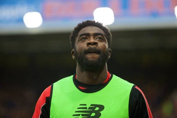 WATFORD, ENGLAND - Sunday, December 20, 2015: Liverpool's substitute Kolo Toure warms-up during the Premier League match against Watford at Vicarage Road. (Pic by David Rawcliffe/Propaganda)