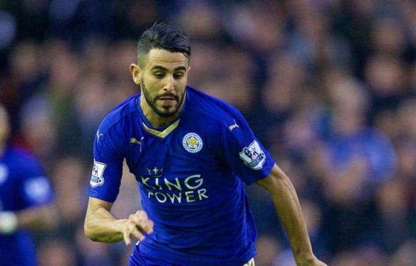 LIVERPOOL, ENGLAND - Boxing Day, Saturday, December 26, 2015: Leicester City's Riyad Mahrez in action against Liverpool during the Premier League match at Anfield. (Pic by David Rawcliffe/Propaganda)