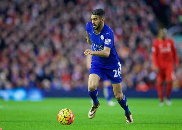 LIVERPOOL, ENGLAND - Boxing Day, Saturday, December 26, 2015: Leicester City's Riyad Mahrez in action against Liverpool during the Premier League match at Anfield. (Pic by David Rawcliffe/Propaganda)