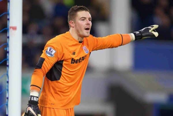 LIVERPOOL, ENGLAND - Monday, December 28, 2015: Stoke City's goalkeeper Jack Butland in action against Everton during the Premier League match at Goodison Park. (Pic by David Rawcliffe/Propaganda)