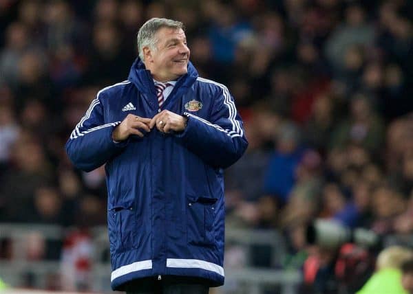 SUNDERLAND, ENGLAND - Wednesday, December 30, 2015: Sunderland's manager Sam Allardyce laughs as Liverpool fans sing 'Fat Sam, he's got a big Fat Head' during the Premier League match at the Stadium of Light. (Pic by David Rawcliffe/Propaganda)