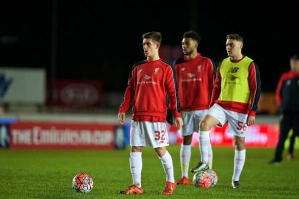 EXETER, ENGLAND - Friday, January 8, 2016: Liverpool's Cameron Brannagan warms-up before the FA Cup 3rd Round match against Exeter City at St. James Park. (Pic by David Rawcliffe/Propaganda)