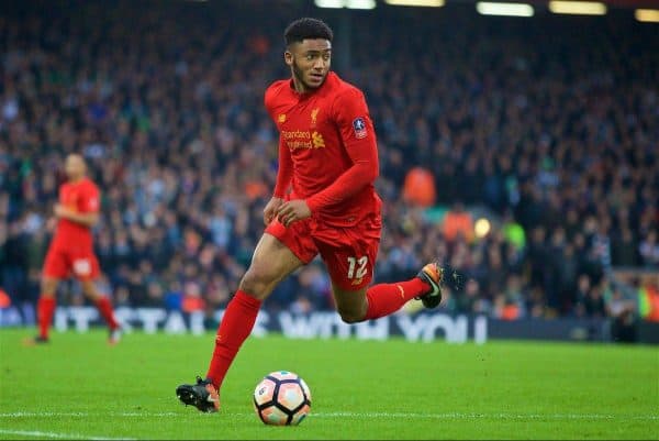 LIVERPOOL, ENGLAND - Saturday, January 7, 2017: Liverpool's Joe Gomez in action against Plymouth Argyle during the FA Cup 3rd Round match at Anfield. (Pic by David Rawcliffe/Propaganda)