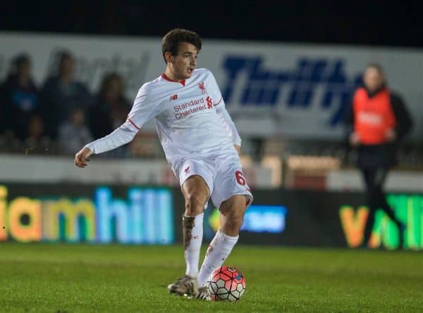 EXETER, ENGLAND - Friday, January 8, 2016: Liverpool's Pedro Chirivella in action against Exeter City during the FA Cup 3rd Round match at St. James Park. (Pic by David Rawcliffe/Propaganda)