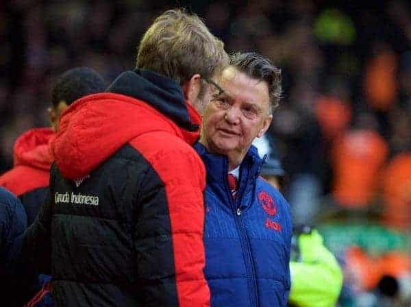 LIVERPOOL, ENGLAND - Sunday, January 17, 2016: Manchester United's manager Louis van Gaal and Liverpool's manager Jürgen Klopp before the Premier League match at Anfield. (Pic by David Rawcliffe/Propaganda)