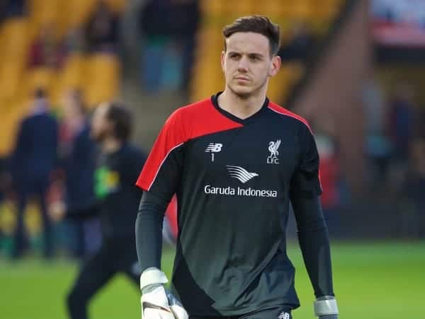 NORWICH, ENGLAND - Friday, January 22, 2016: Liverpool's goalkeeper Danny Ward warms up before the Premiership match against Norwich City at Carrow Road. (Pic by David Rawcliffe/Propaganda)