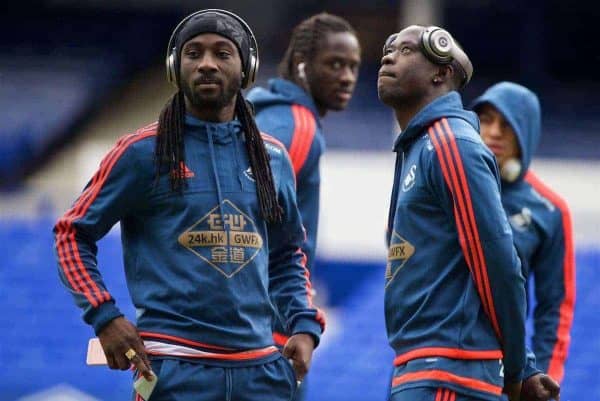 LIVERPOOL, ENGLAND - Sunday, January 24, 2016: Swansea City's Marvin Emnes and Andre Ayew before the Premier League match against Everton at Goodison Park. (Pic by David Rawcliffe/Propaganda)