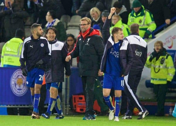 LEICESTER, ENGLAND - Monday, February 1, 2016: Liverpool's manager Jürgen Klopp shares a joke with Leicester City's Riyad Mahrez despite losing 2-0 during the Premier League match at Filbert Way. (Pic by David Rawcliffe/Propaganda)