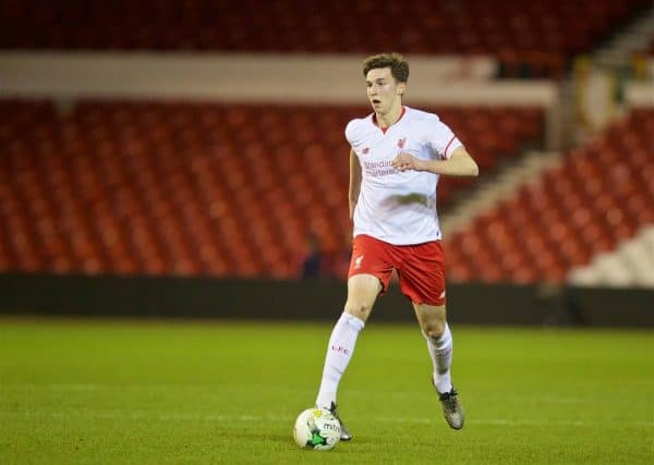 NOTTINGHAM, ENGLAND - Thursday, February 4, 2016: Liverpool's Conor Masterson in action against Nottingham Forest during the FA Youth Cup 5th Round match at the City Ground. (Pic by David Rawcliffe/Propaganda)