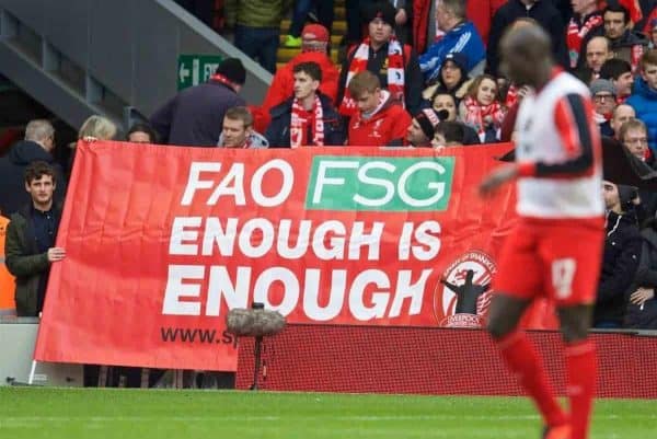 LIVERPOOL, ENGLAND - Saturday, February 6, 2016: Liverpool supporters protest with a banner "FAO FSG Enough is Enough" from the SOS group before the Premier League match against Sunderland at Anfield. (Pic by David Rawcliffe/Propaganda)
