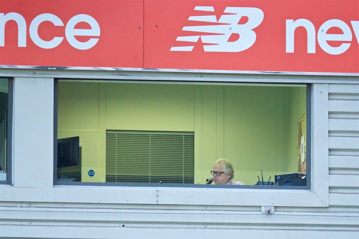 LIVERPOOL, ENGLAND - Saturday, February 6, 2016: Liverpool's stadium announcer George Sephton during the Premier League match against Sunderland at Anfield. (Pic by David Rawcliffe/Propaganda)