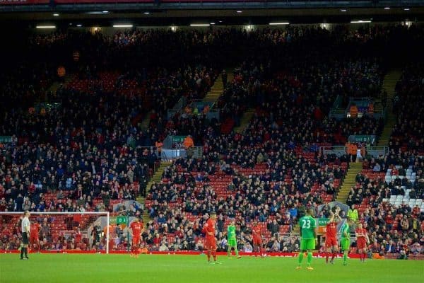 LIVERPOOL, ENGLAND - Saturday, February 6, 2016: Empty seats as Liverpool supporters stage a 77 minute walk-out in protest at ticket price increases and a £77 ticket, during the Premier League match against Sunderland at Anfield. (Pic by David Rawcliffe/Propaganda)