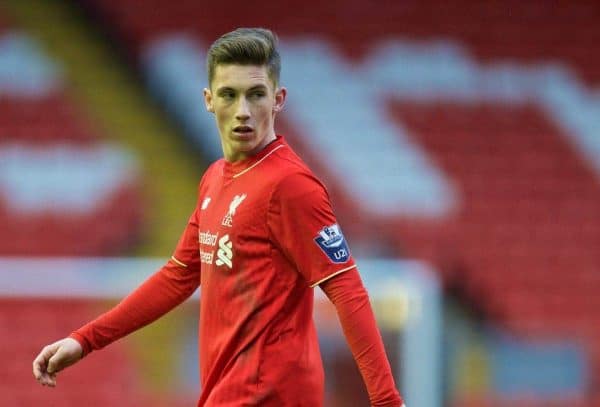 LIVERPOOL, ENGLAND - Sunday, February 7, 2016: Liverpool's Harry Wilson in action against Manchester City during the Under-21 FA Premier League match at Anfield. (Pic by David Rawcliffe/Propaganda)