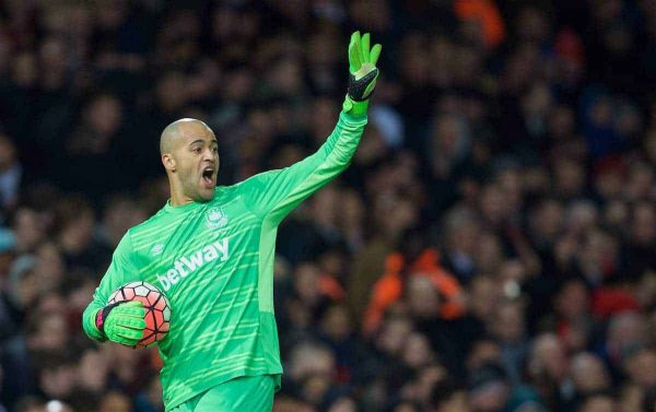 LONDON, ENGLAND - Tuesday, February 9, 2016: West Ham United's goalkeeper Darren Randolph in action against Liverpool during the FA Cup 4th Round Replay match at Upton Park. (Pic by David Rawcliffe/Propaganda)