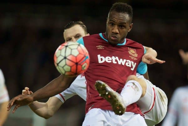 LONDON, ENGLAND - Tuesday, February 9, 2016: Liverpool's Brad Smith in action against West Ham United's Michail Antonio during the FA Cup 4th Round Replay match at Upton Park. (Pic by David Rawcliffe/Propaganda)