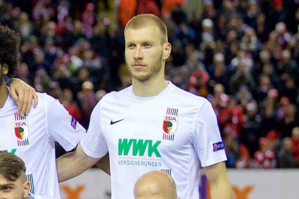 LIVERPOOL, ENGLAND - Thursday, February 25, 2016: FC Augsburg players line up for a team group photograph before the UEFA Europa League Round of 32 1st Leg match against Liverpool at Anfield. Back row L-R: goalkeeper Marwin Hitz, Halil Alt?ntop, Christoph Janker, Koo Ja-Cheol, Caiuby Francisco da Silva, Ragnar Klavan. Front row L-R: Alexander Esswein, Dominik Kohr, Paul Verhaegh, Kostas StafylidisD, Tobias Werner. (Pic by David Rawcliffe/Propaganda)