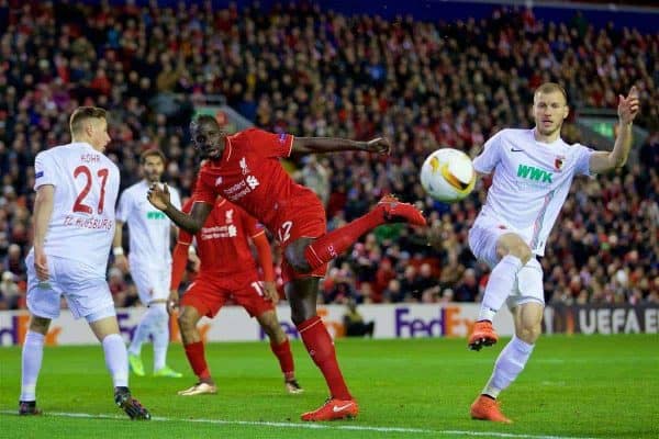 LIVERPOOL, ENGLAND - Thursday, February 25, 2016: Liverpool are awarded a penalty after this challenge between Mamadou Sakho and FC Augsburg's Ragnar Klavan during the UEFA Europa League Round of 32 1st Leg match at Anfield. (Pic by David Rawcliffe/Propaganda)