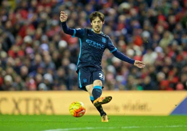 LIVERPOOL, ENGLAND - Wednesday, March 2, 2016: Manchester City's David Silva in action against Liverpool during the Premier League match at Anfield. (Pic by David Rawcliffe/Propaganda)