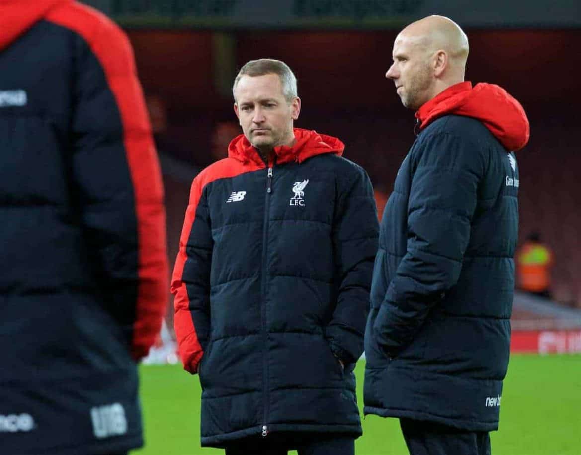 LONDON, ENGLAND - Friday, March 4, 2016: Liverpool's manager Neil Critchley and Rob Jones look dejected after the defeat to Arsenal during the FA Youth Cup 6th Round match at the Emirates Stadium. (Pic by Paul Marriott/Propaganda)