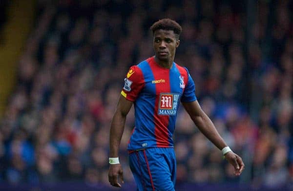 LONDON, ENGLAND - Sunday, March 6, 2016: Crystal Palace's Wilfried Zaha in action against Liverpool during the Premier League match at Selhurst Park. (Pic by David Rawcliffe/Propaganda)