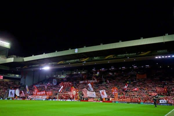 LIVERPOOL, ENGLAND - Thursday, March 10, 2016: Liverpool supporters on the Spion Kop before the UEFA Europa League Round of 16 1st Leg match against Manchester United at Anfield. (Pic by David Rawcliffe/Propaganda)