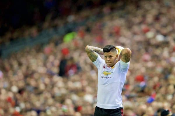 LIVERPOOL, ENGLAND - Thursday, March 10, 2016: Manchester United's Marcos Rojo takes a throw-in during the UEFA Europa League Round of 16 1st Leg match against Liverpool at Anfield. (Pic by David Rawcliffe/Propaganda)