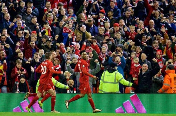 LIVERPOOL, ENGLAND - Thursday, March 10, 2016: Liverpool's Daniel Sturridge celebrates scoring the first goal against Manchester United's goalkeeper David de Gea from a penalty kick during the UEFA Europa League Round of 16 1st Leg match at Anfield. (Pic by David Rawcliffe/Propaganda)