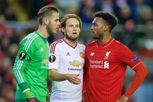 LIVERPOOL, ENGLAND - Thursday, March 10, 2016: Liverpool's Daniel Sturridge and Manchester United's goalkeeper David de Gea and Daley Blind during the UEFA Europa League Round of 16 1st Leg match at Anfield. (Pic by David Rawcliffe/Propaganda)