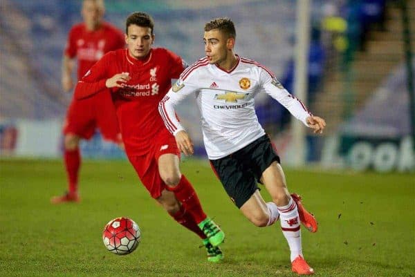 BIRKENHEAD, ENGLAND - Friday, March 11, 2016: Manchester United's Andreas Pereira in action against Liverpool's Pedro Chirivella during the Under-21 FA Premier League match at Prenton Park. (Pic by David Rawcliffe/Propaganda)