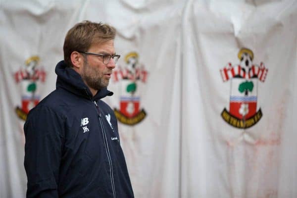 SOUTHAMPTON, ENGLAND - Sunday, March 20, 2016: Liverpool's manager Jürgen Klopp before the FA Premier League match against Southampton at St Mary's Stadium. (Pic by David Rawcliffe/Propaganda)