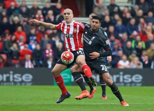 SOUTHAMPTON, ENGLAND - Sunday, March 20, 2016: Liverpool's Emre Can in action against Southampton's Oriol Romeu during the FA Premier League match at St Mary's Stadium. (Pic by David Rawcliffe/Propaganda)