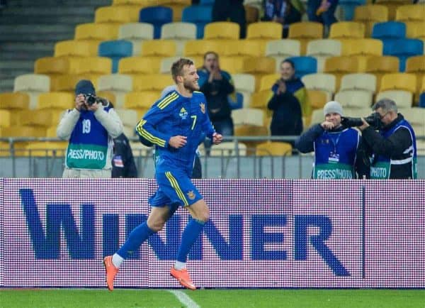 KIEV, UKRAINE - Easter Monday, March 28, 2016: Ukraine's Andriy Yarmolenko celebrates scoring the first goal against Wales during the International Friendly match at the NSK Olimpiyskyi Stadium. (Pic by David Rawcliffe/Propaganda)