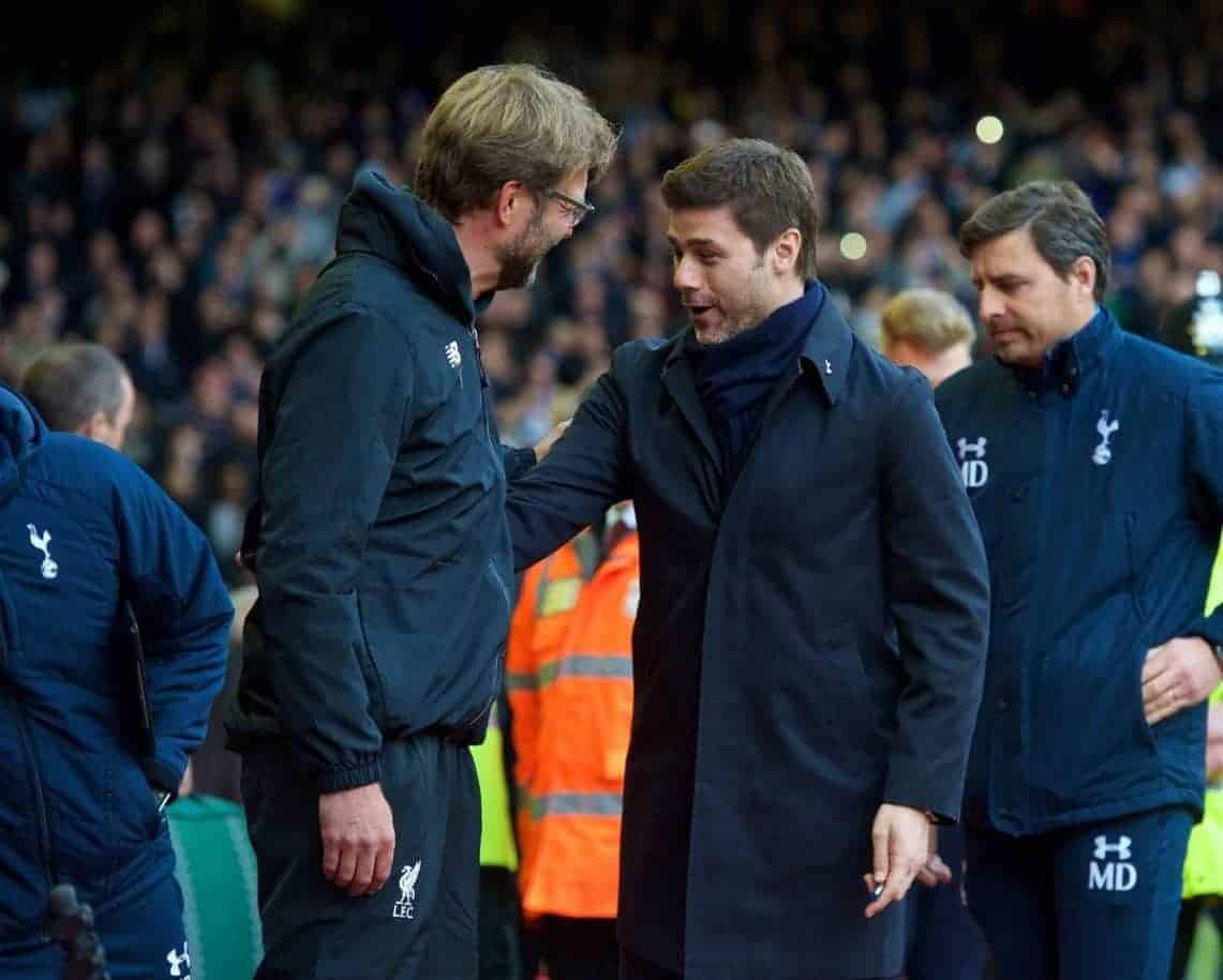 LIVERPOOL, ENGLAND - Saturday, April 2, 2016: Liverpool's manager Jürgen Klopp and Tottenham Hotspur's manager Mauricio Pochettino before the Premier League match at Anfield. (Pic by David Rawcliffe/Propaganda)