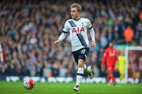 LIVERPOOL, ENGLAND - Saturday, April 2, 2016: Tottenham Hotspur's Christian Eriksen in action against Liverpool during the Premier League match at Anfield. (Pic by David Rawcliffe/Propaganda)