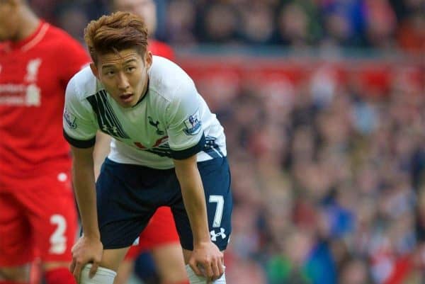 LIVERPOOL, ENGLAND - Saturday, April 2, 2016: Tottenham Hotspur's Son Heung-min in action against Liverpool during the Premier League match at Anfield. (Pic by David Rawcliffe/Propaganda)