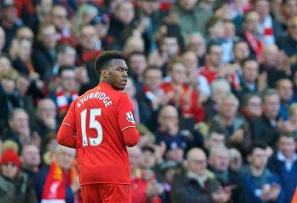 LIVERPOOL, ENGLAND - Saturday, April 2, 2016: Liverpool's Daniel Sturridge is substituted during the Premier League match against Tottenham Hotspur at Anfield. (Pic by David Rawcliffe/Propaganda)