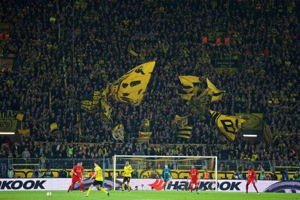 DORTMUND, GERMANY - Thursday, April 7, 2016: Borussia Dortmund supporters on the Yellow Wall during the UEFA Europa League Quarter-Final 1st Leg match against Liverpool at Westfalenstadion. (Pic by David Rawcliffe/Propaganda)