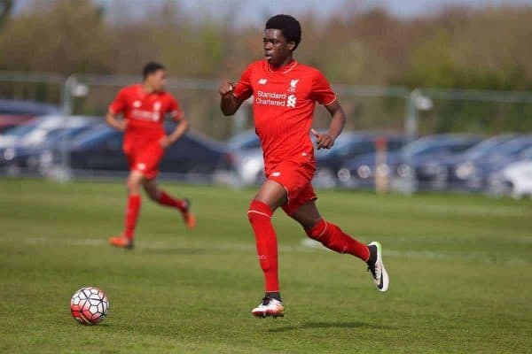 LIVERPOOL, ENGLAND - Saturday, April 9, 2016: Liverpool's Oviemuno Ejaria in action against Everton during the FA Premier League Academy match at Finch Farm. (Pic by David Rawcliffe/Propaganda)