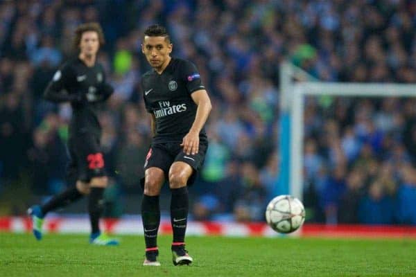 MANCHESTER, ENGLAND - Tuesday, April 12, 2016: Paris Saint-Germain's Marquinhos in action against Manchester City during the UEFA Champions League Quarter-Final 2nd Leg match at the City of Manchester Stadium. (Pic by David Rawcliffe/Propaganda)