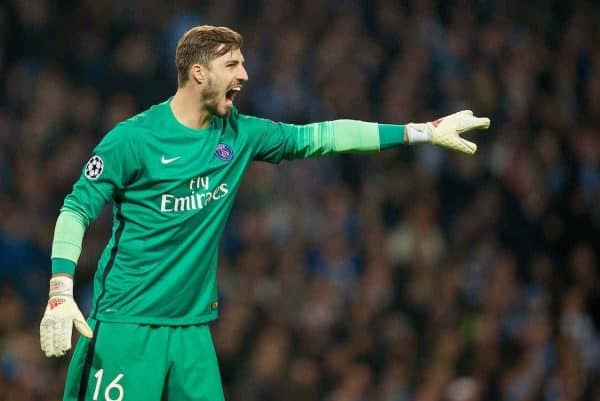 MANCHESTER, ENGLAND - Tuesday, April 12, 2016: Paris Saint-Germain's goalkeeper Kevin Trapp in action against Manchester City during the UEFA Champions League Quarter-Final 2nd Leg match at the City of Manchester Stadium. (Pic by David Rawcliffe/Propaganda)