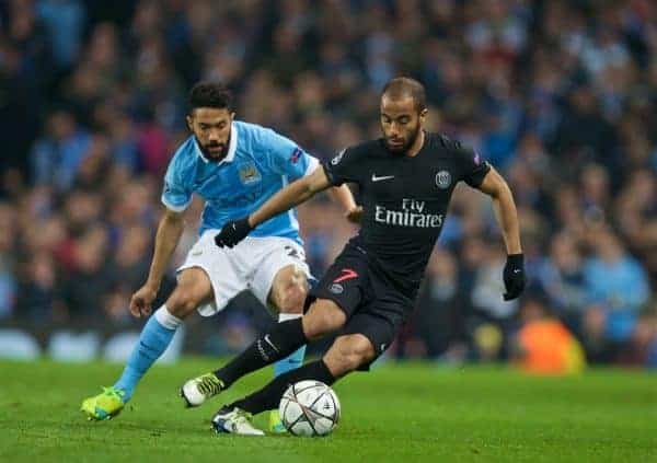 MANCHESTER, ENGLAND - Tuesday, April 12, 2016: Paris Saint-Germain's Lucas Rodrigues Moura da Silva and Manchester City's Gael Clichy during the UEFA Champions League Quarter-Final 2nd Leg match at the City of Manchester Stadium. (Pic by David Rawcliffe/Propaganda)